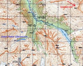 Отдых на Алтае : Шавлинские озера : Левое Шавлинское озеро на карте